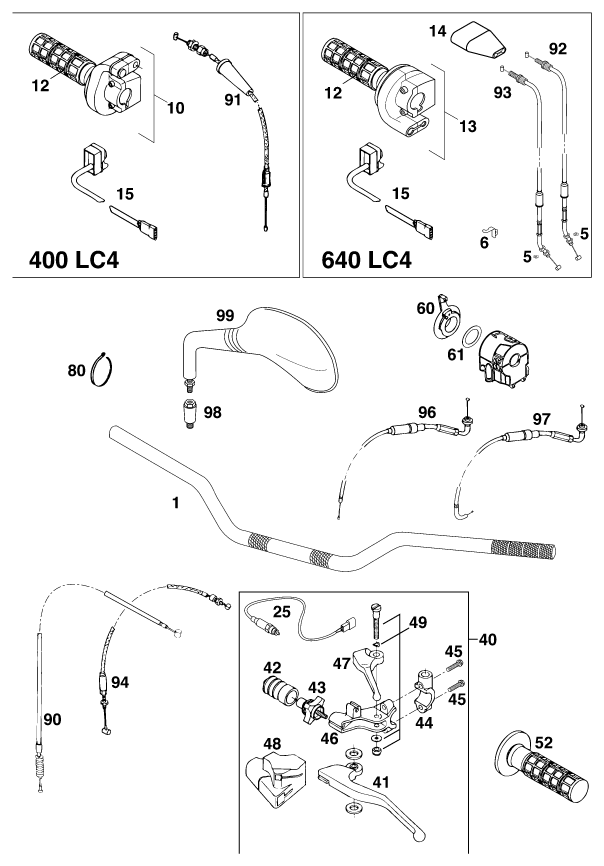 vue éclatée guidon, armatures - ktm 640 lc 4 gb 1999