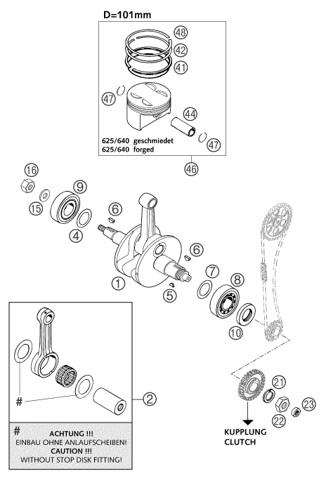 vue éclatée vilebrequin, piston - ktm 640 lc4 supermoto orange gb 2004