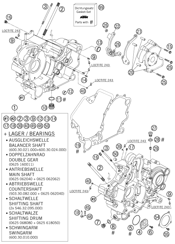 vue éclatée carter moteur - ktm 990 superduke orange 2005