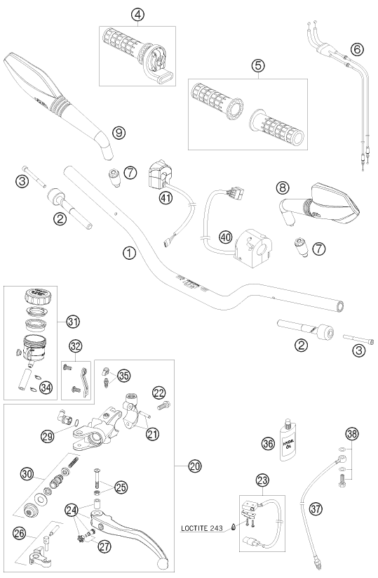 vue éclatée guidon, armatures - ktm 690 duke white in 2010