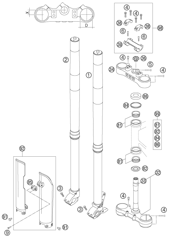 vue éclatée fourche téléscopique, té de fourche - ktm 625 sxc 2006