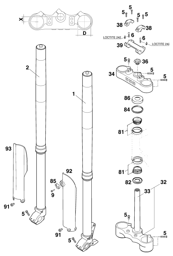 vue éclatée fourche téléscopique, té de fourche - ktm 620 sc super-moto eu 2000