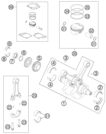 vue éclatée vilebrequin, piston - ktm 990 super duke white fr 2009