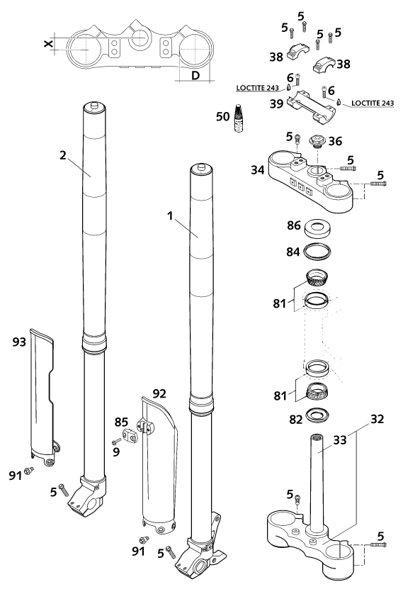 vue éclatée fourche téléscopique, té de fourche - ktm 620 sc super-moto eu 2001