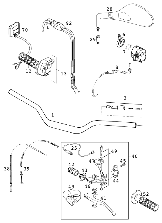 vue éclatée guidon, armatures - ktm 640 duke ii lime eu 2001