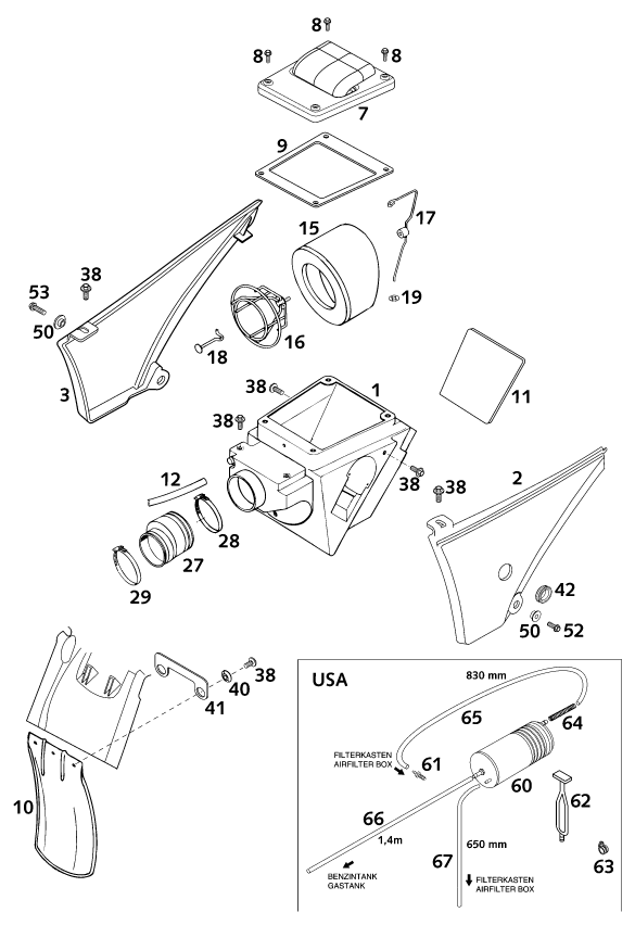 vue éclatée filtre à air - ktm 640 duke ii lime eu 2001