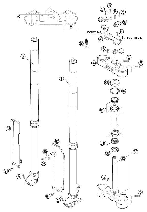 vue éclatée fourche téléscopique, té de fourche - ktm 625 sc super-moto eu 2002