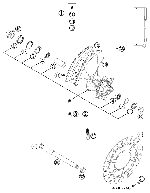 vue éclatée roue avant - ktm 625 sc super-moto eu 2002
