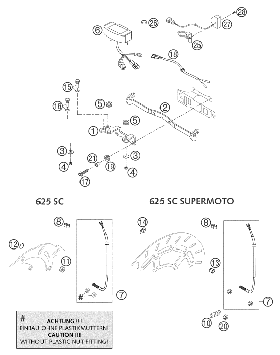 vue éclatée instruments / système de verrouillage - ktm 625 sc super-moto eu 2002