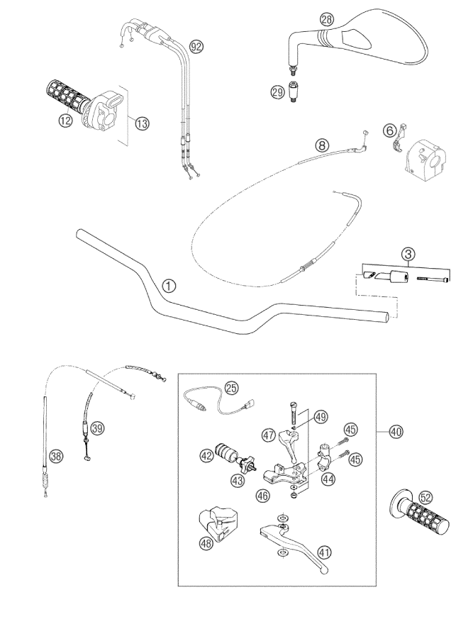 vue éclatée guidon, armatures - ktm 640 duke ii orange eu 2002