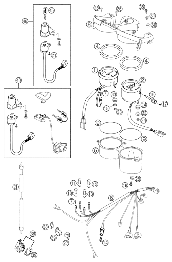 vue éclatée instruments / système de verrouillage - ktm 640 duke ii orange eu 2002
