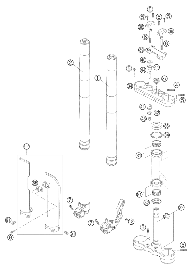 vue éclatée fourche téléscopique, té de fourche - ktm 660 smc eu 2004