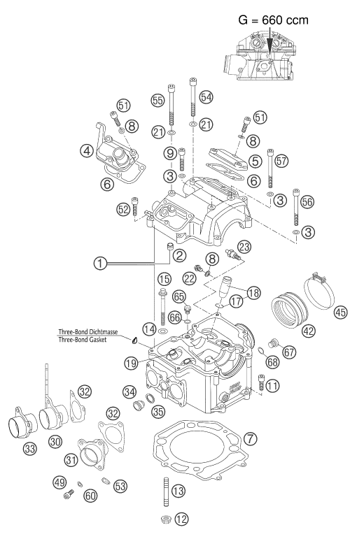 vue éclatée culasse - ktm 660 smc eu 2004