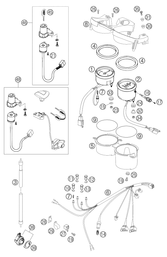 vue éclatée instruments / système de verrouillage - ktm 640 duke ii black eu 2004