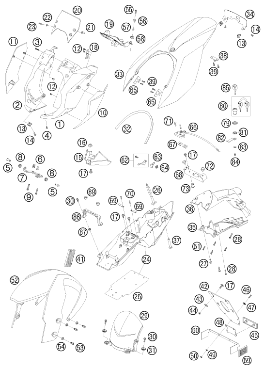 vue éclatée plaque, garde-boue - ktm 990 super duke r 2009