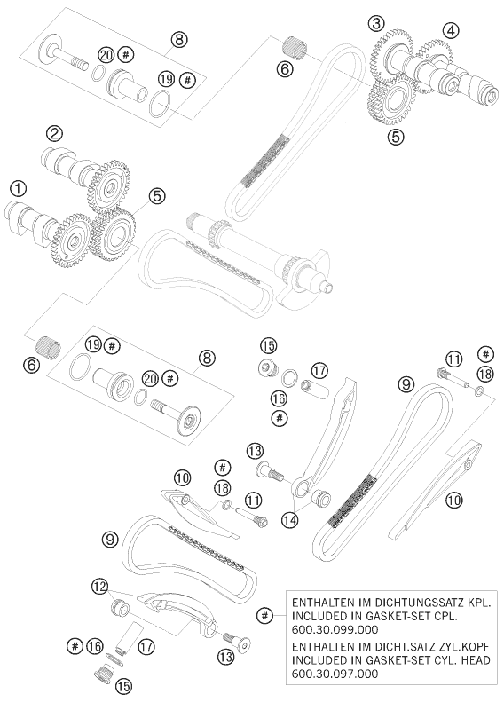 vue éclatée commande de distribution - ktm 990 super duke r 2009