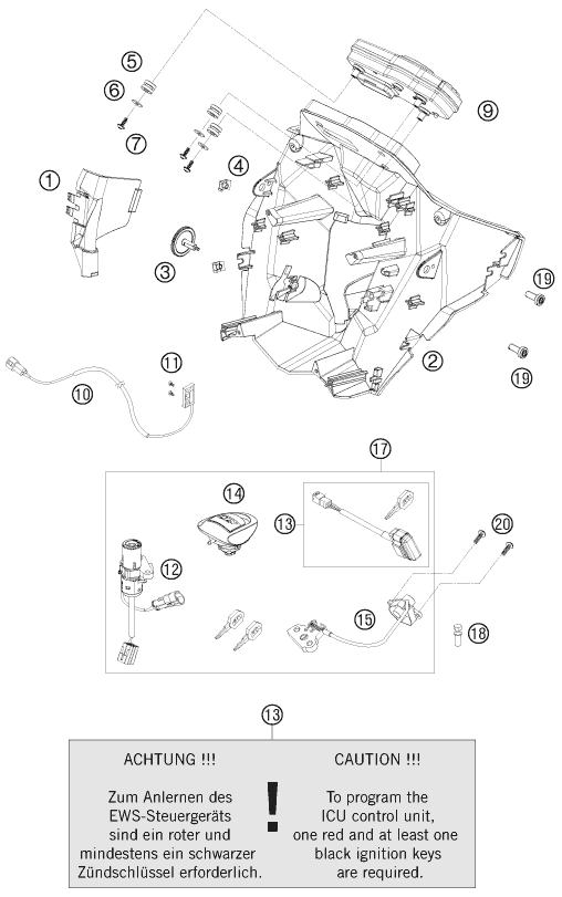 vue éclatée instruments / système de verrouillage - ktm 990 supermoto t silver 2009