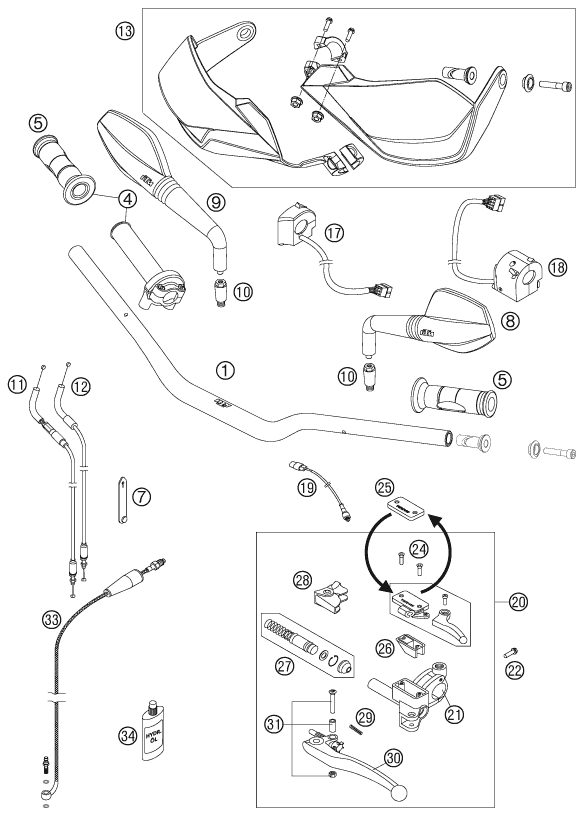 vue éclatée guidon, armatures - ktm 990 supermoto t silver 2010