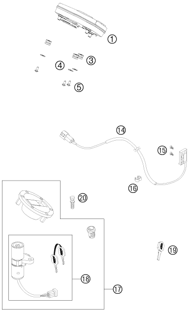 vue éclatée instruments / système de verrouillage - ktm 990 super duke black 2011