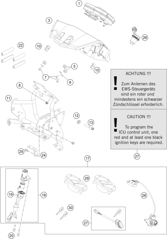 vue éclatée instruments / système de verrouillage - ktm 990 adventure white abs 11 2011