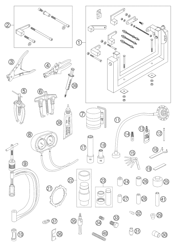 vue éclatée outils spéciaux moteur - ktm 950 adventure orange low 2004