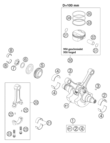 vue éclatée vilebrequin, piston - ktm 950 adventure black low 2004