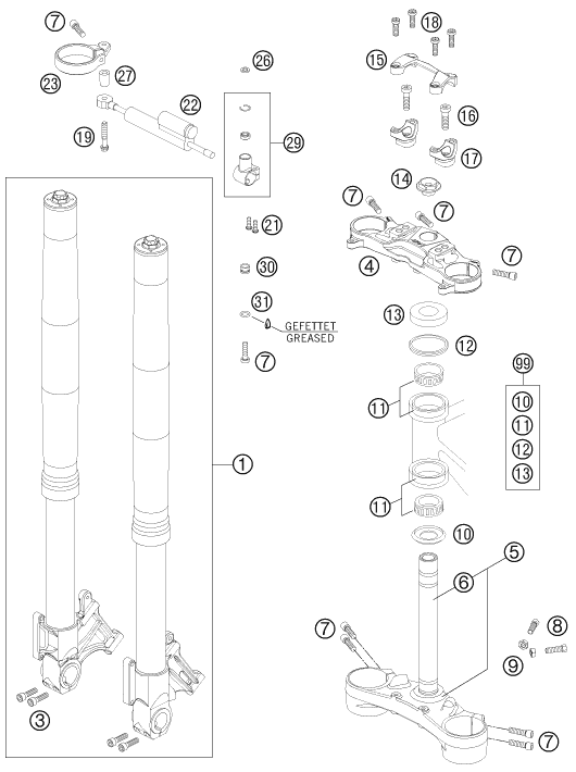 vue éclatée fourche téléscopique, té de fourche - ktm 990 super duke r 2011