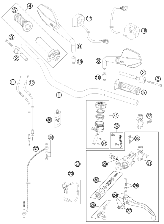 vue éclatée guidon, armatures - ktm 990 super duke r 2011