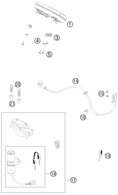 vue éclatée instruments / système de verrouillage - ktm 990 super duke r 2011