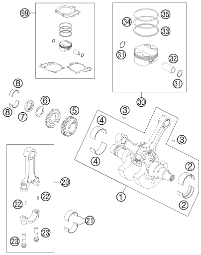 vue éclatée vilebrequin, piston - ktm 990 super duke r 2011