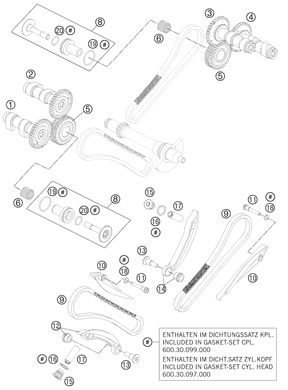 vue éclatée commande de distribution - ktm 990 super duke r 2011