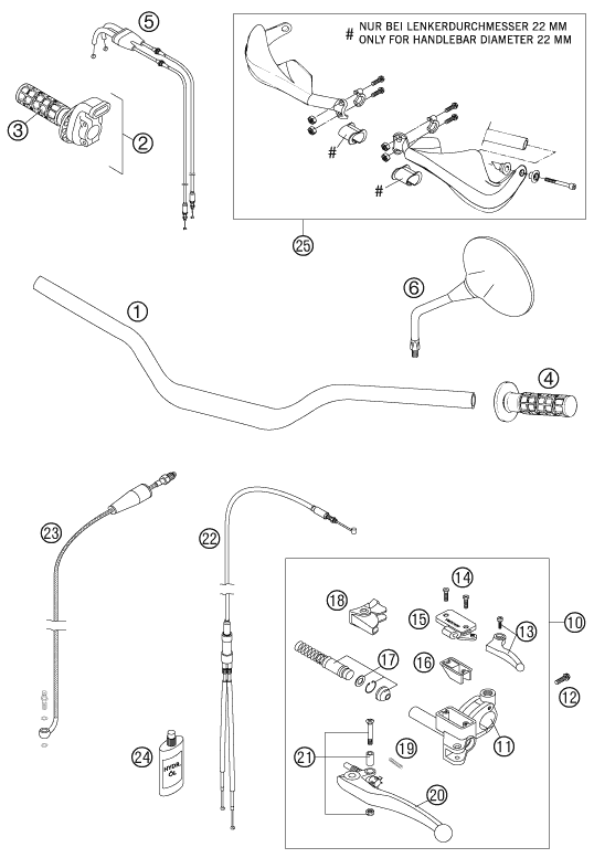 vue éclatée guidon, armatures - ktm 950 adventure orange 2005