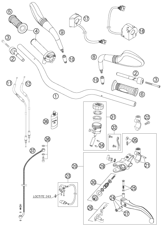 vue éclatée guidon, armatures - ktm 990 superduke orange 2006