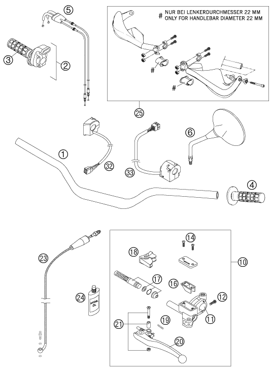 vue éclatée guidon, armatures - ktm 990 adventure orange abs 2006