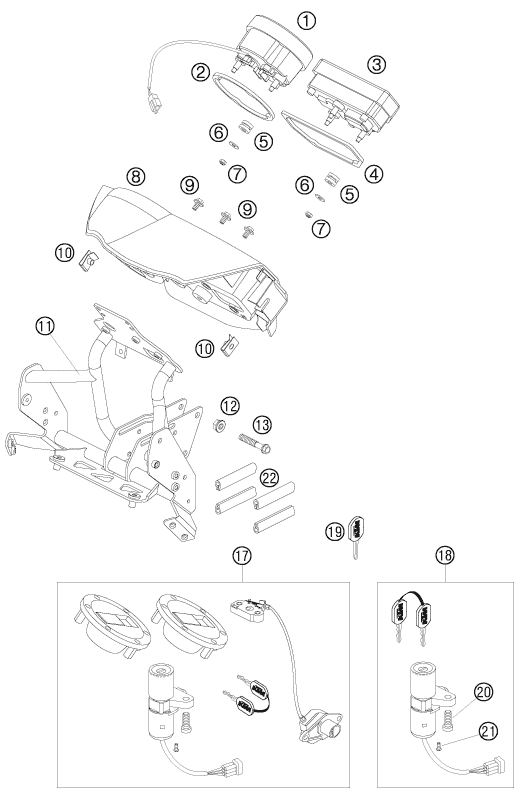 vue éclatée instruments / système de verrouillage - ktm 990 adventure black abs 2006