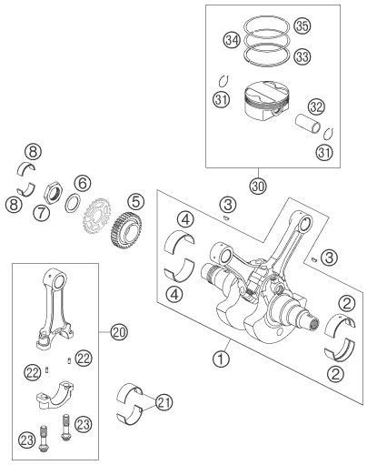 vue éclatée vilebrequin, piston - ktm 950 supermoto orange 07 2007