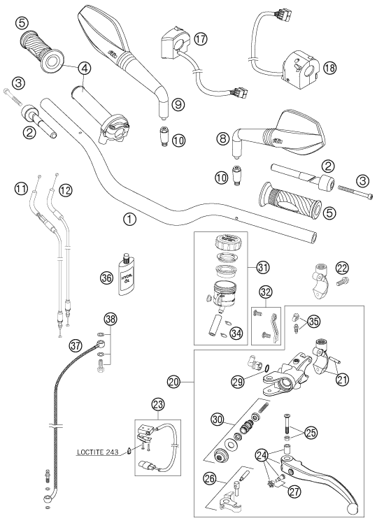 vue éclatée guidon, armatures - ktm 990 super duke r 2007