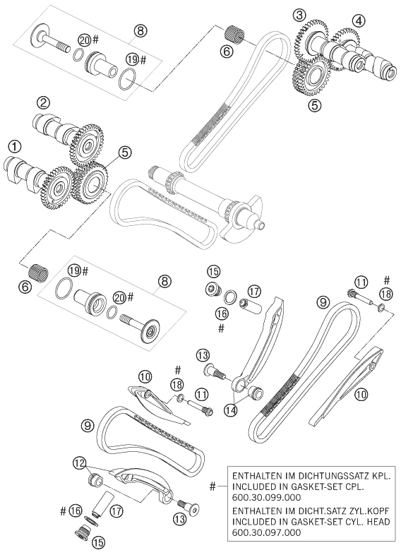vue éclatée commande de distribution - ktm 990 super duke r 2007