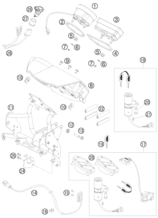 vue éclatée instruments / système de verrouillage - ktm 990 adventure s 2008