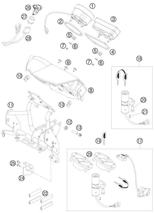 vue éclatée instruments / système de verrouillage - ktm 990 adventure black abs 2008
