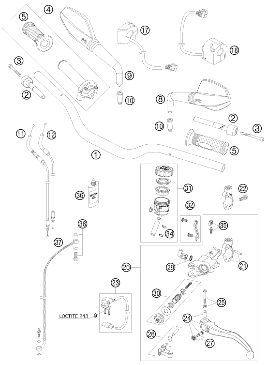 vue éclatée guidon, armatures - ktm 990 super duke black 2008