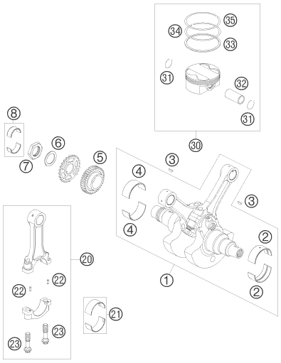 vue éclatée vilebrequin, piston - ktm 950 super enduro r 2008