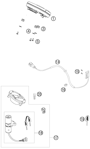 vue éclatée instruments / système de verrouillage - ktm 990 super duke anthrazit 07 eu 2007