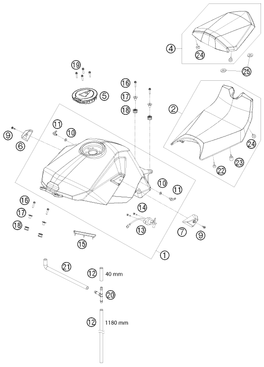 vue éclatée réservoir, selle - ktm 1190 rc 8 white eu 2008
