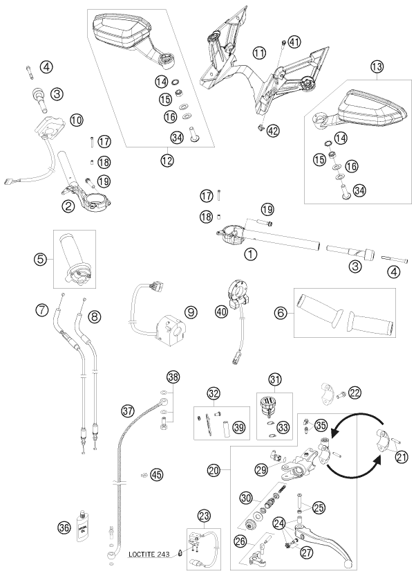 vue éclatée guidon, armatures - ktm 1190 rc 8 black eu 2009