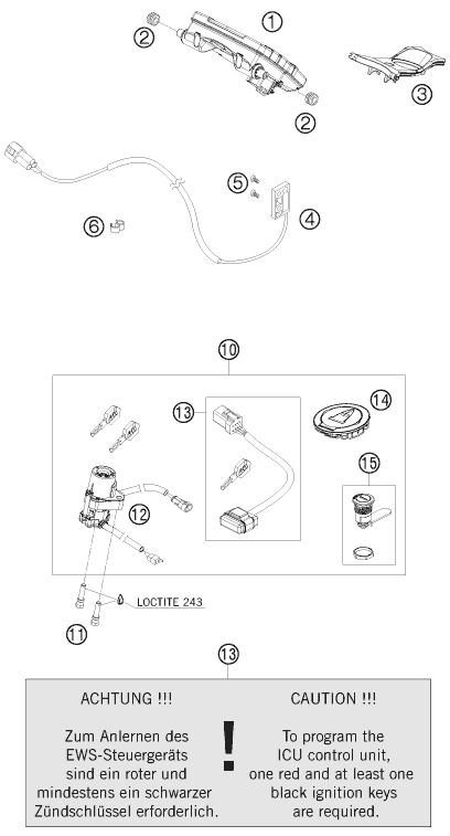 vue éclatée instruments / système de verrouillage - ktm 1190 rc 8 black eu 2009