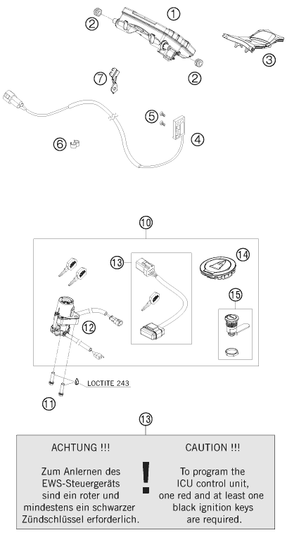 vue éclatée instruments / système de verrouillage - ktm 1190 rc8 white eu 2010