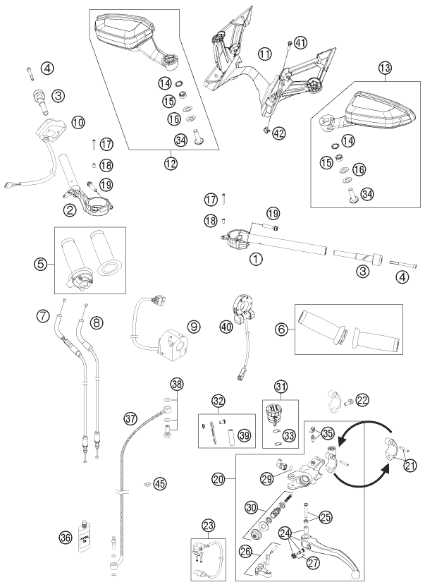 vue éclatée guidon, armatures - ktm 1190 rc8 r white eu 2011