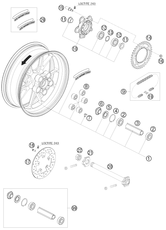 vue éclatée roue arrière - ktm 1190 rc8r track 2011 eu 2010