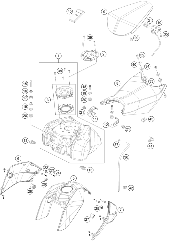 vue éclatée réservoir, selle - ktm 200 duke or. w/o abs ckd 15 cn 2015
